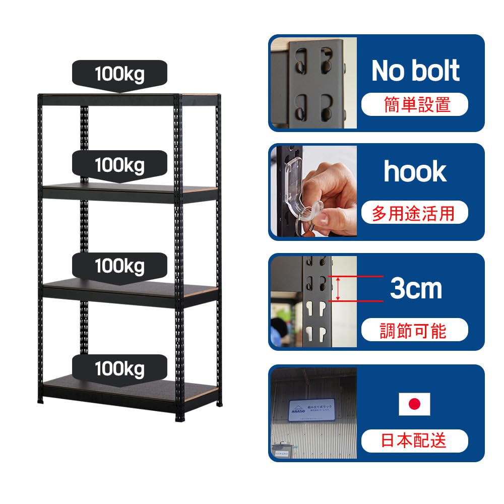 ARASO ホームラック ブラック 幅70cm×奥行50cm×高さ90cm×3段 Amazon｜ARASO スチールラック ブラック 3段 収納棚 棚 耐荷重
